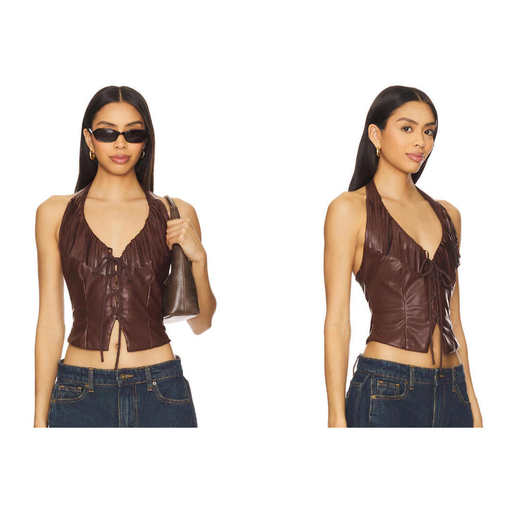 Superdown Faux Leather Kay brown Top cropped open back Fringe trim M NWT $64msrp